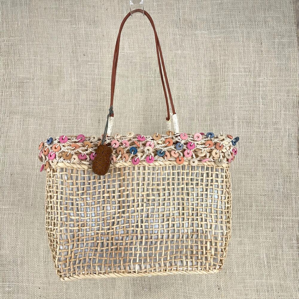 Sun N Sand Woven Beach Bag, Tote, Pocketbook, Beads,‎ Leather straps